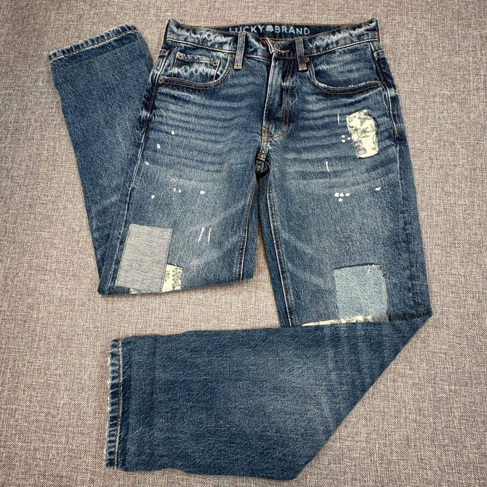 Lucky Brand Boy Mid Rise Relaxed Straight Jeans Womens 00/24 Blue Patchwork Boho